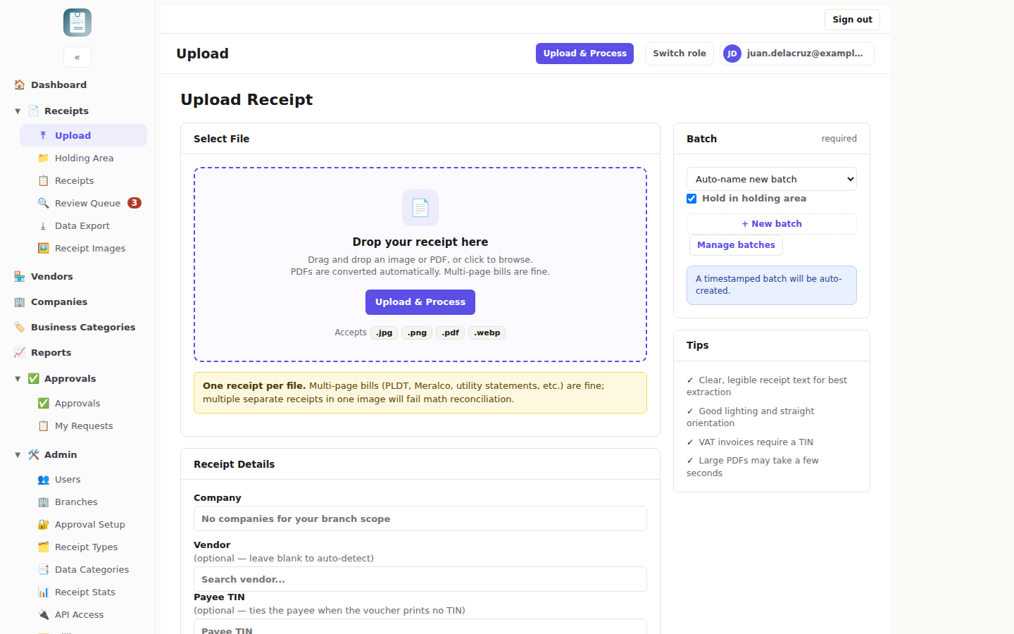 ReceiptBOT upload screen with a drop zone reading 'Drop your receipt here' and an Upload and Process button.